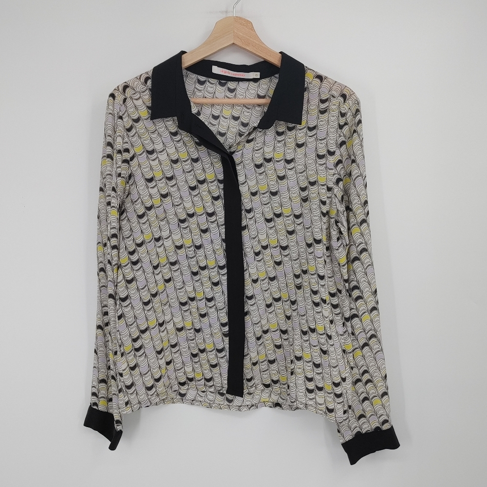 Printed Silk Button-Down Shirt with Black Trim - Women's Top